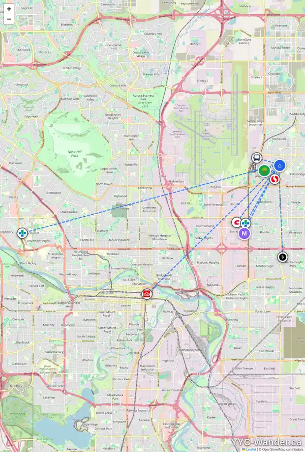 Daily accessibility map for 108 CASTLEGROVE RD NE, Calgary showing nearby schools, grocery stores, parks, LRT stations and nearby amenities