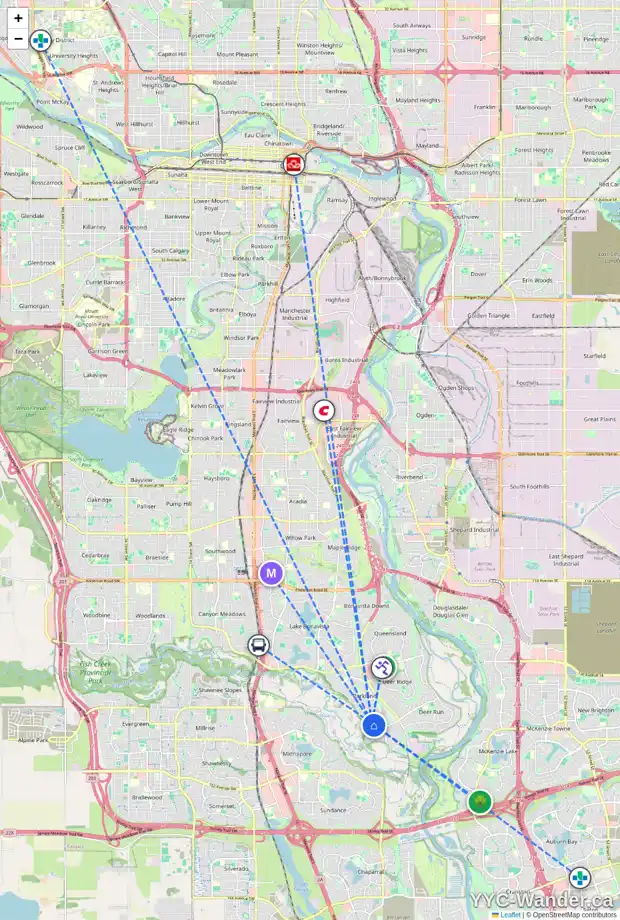 Daily accessibility map for 539 PARKVALLEY RD SE, Calgary showing nearby schools, grocery stores, parks, LRT stations and nearby amenities