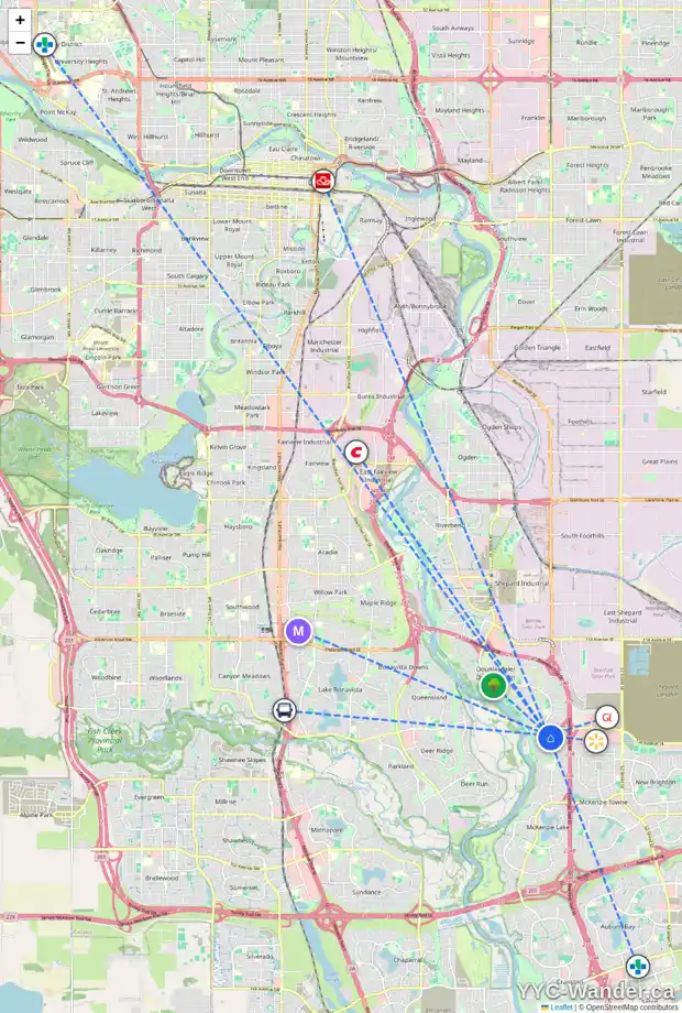 Daily accessibility map for 46 MT ABERDEEN MR SE, Calgary showing nearby schools, grocery stores, parks, LRT stations and nearby amenities