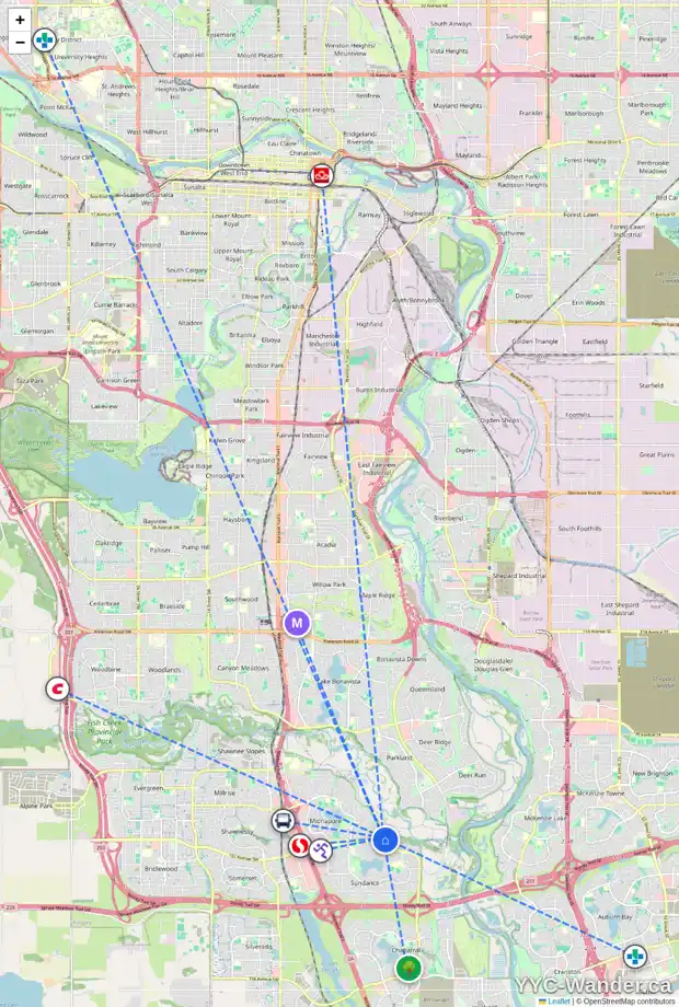 Daily accessibility map for 16 SUNMOUNT RD SE, Calgary showing nearby schools, grocery stores, parks, LRT stations and nearby amenities