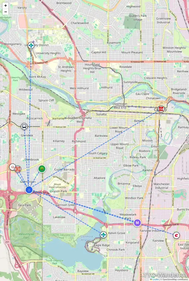 Daily accessibility map for 173 GORDON DR SW, Calgary showing nearby schools, grocery stores, parks, LRT stations and nearby amenities