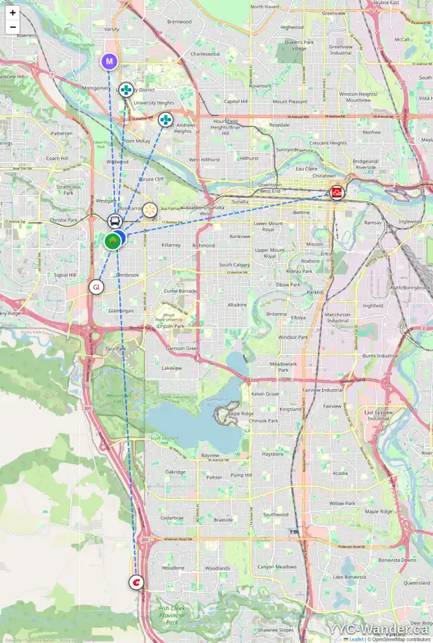 Daily accessibility map for 11 GLENVIEW CR SW, Calgary showing nearby schools, grocery stores, parks, LRT stations and nearby amenities