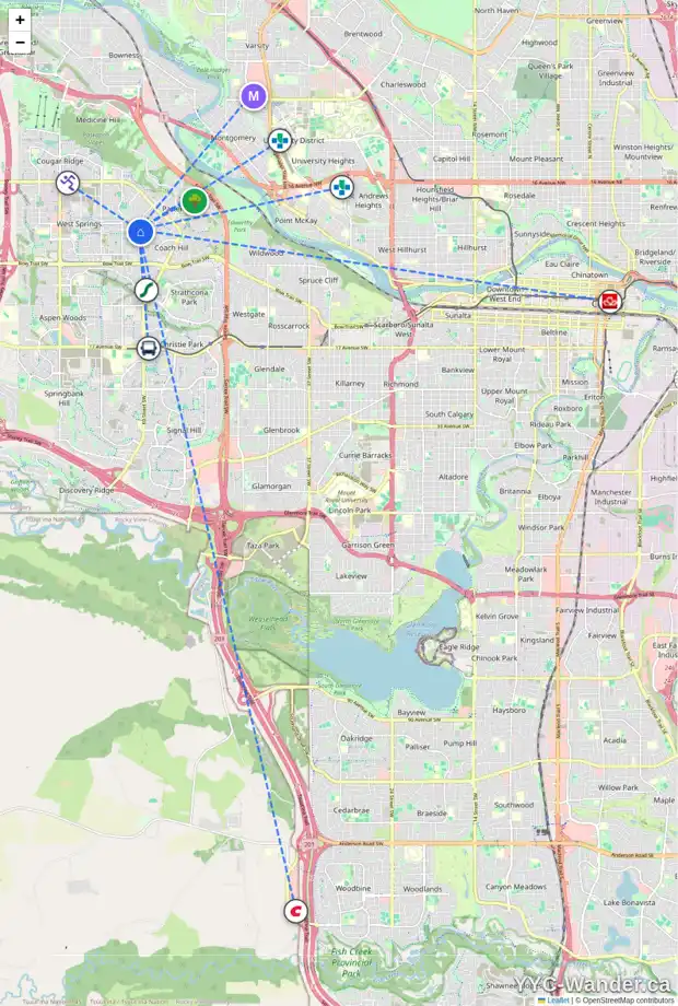Daily accessibility map for 5 6841 COACH HILL RD SW, Calgary showing nearby schools, grocery stores, parks, LRT stations and nearby amenities