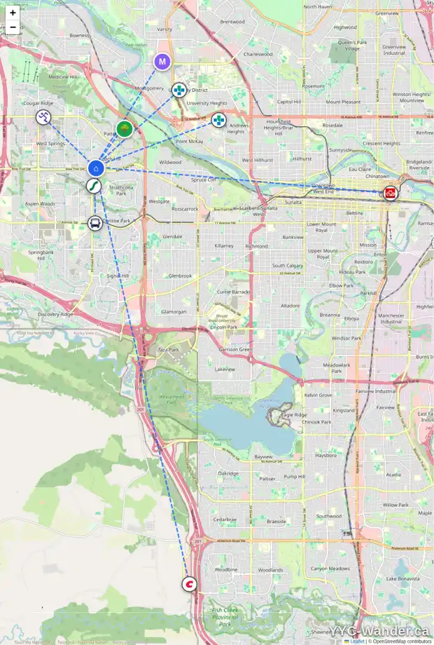 Daily accessibility map for 6823 COACH RIDGE RD SW, Calgary showing nearby schools, grocery stores, parks, LRT stations and nearby amenities