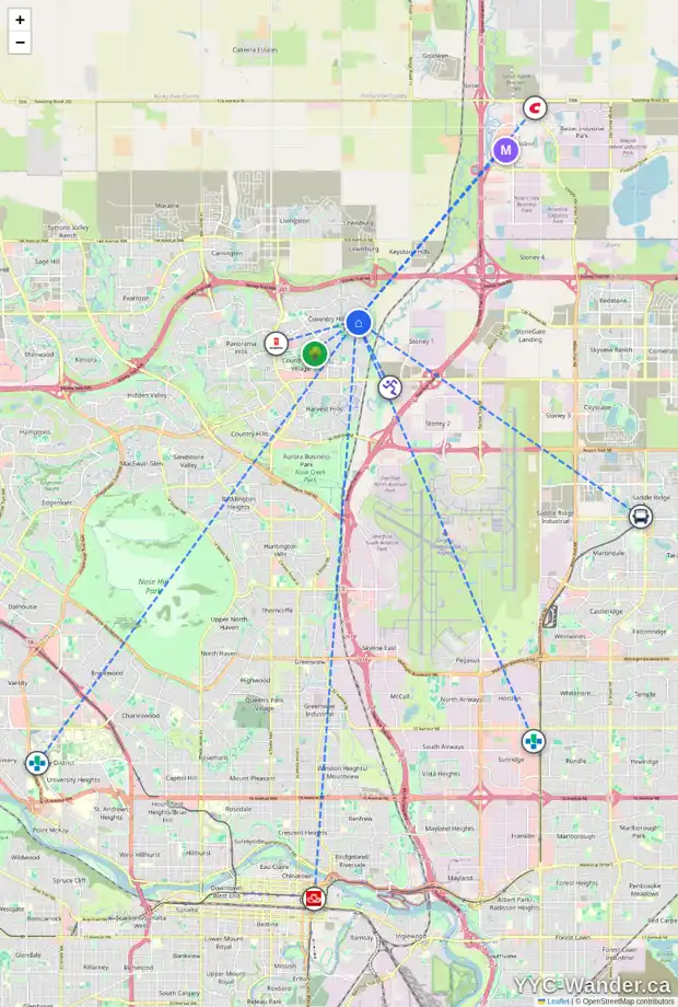 Daily accessibility map for 21 COVEWOOD CL NE, Calgary showing nearby schools, grocery stores, parks, LRT stations and nearby amenities