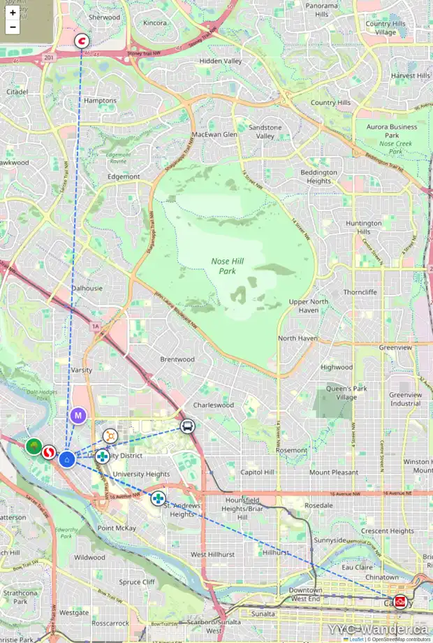 Daily accessibility map for 4727 19 AV NW, Calgary showing nearby schools, grocery stores, parks, LRT stations and nearby amenities