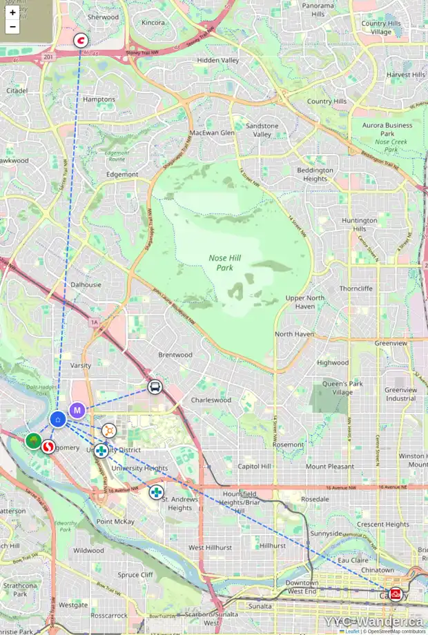 Daily accessibility map for 5304 22 AV NW, Calgary showing nearby schools, grocery stores, parks, LRT stations and nearby amenities