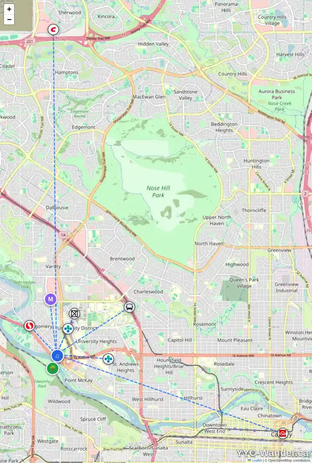 Daily accessibility map for 1801B 41 ST NW, Calgary showing nearby schools, grocery stores, parks, LRT stations and nearby amenities