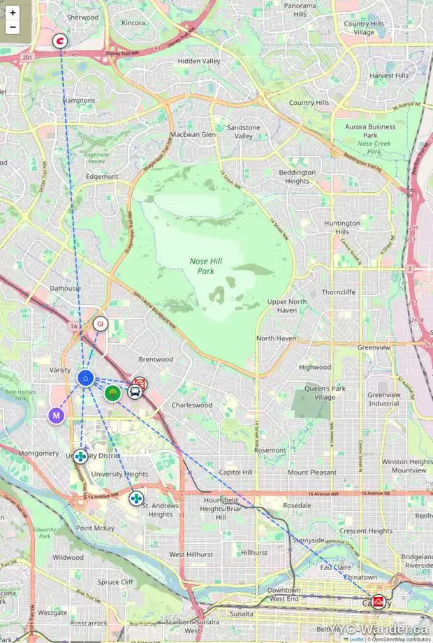 Daily accessibility map for 4223 VAUXHALL CR NW, Calgary showing nearby schools, grocery stores, parks, LRT stations and nearby amenities