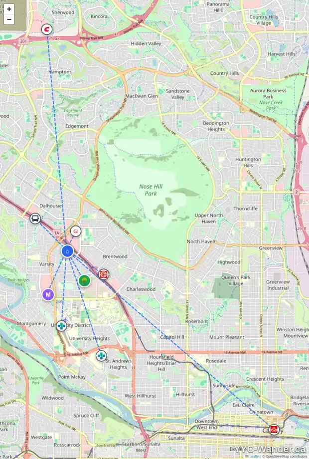 Daily accessibility map for 4704 VEGAS RD NW, Calgary showing nearby schools, grocery stores, parks, LRT stations and nearby amenities