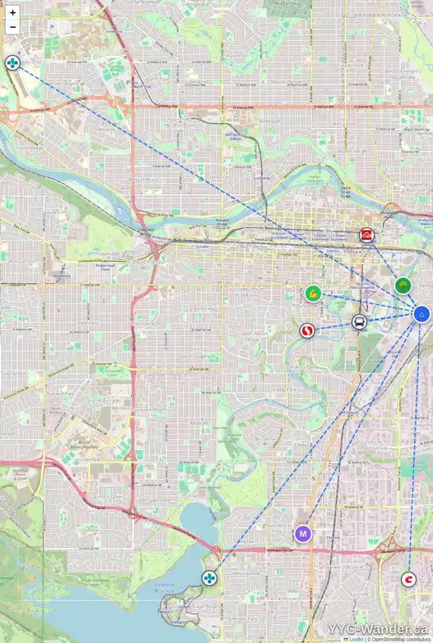 Daily accessibility map for 808 23 AV SE, Calgary showing nearby schools, grocery stores, parks, LRT stations and nearby amenities