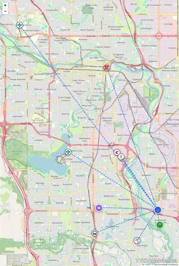 Daily accessibility map for 254 DOUGLAS GLEN CO SE, Calgary showing nearby schools, grocery stores, parks, LRT stations and nearby amenities
