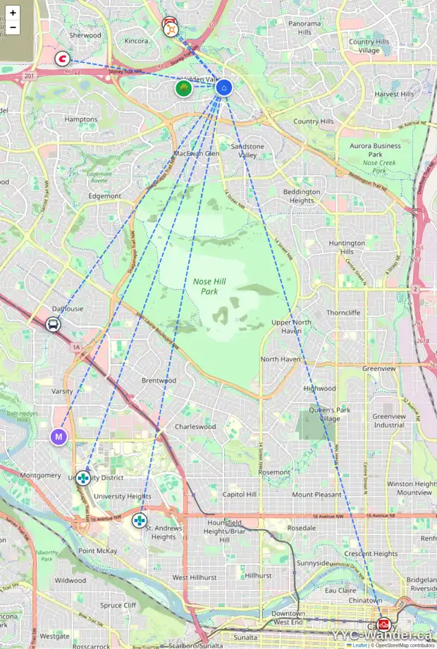 Daily accessibility map for 96 HIDDEN SPRING CL NW, Calgary showing nearby schools, grocery stores, parks, LRT stations and nearby amenities