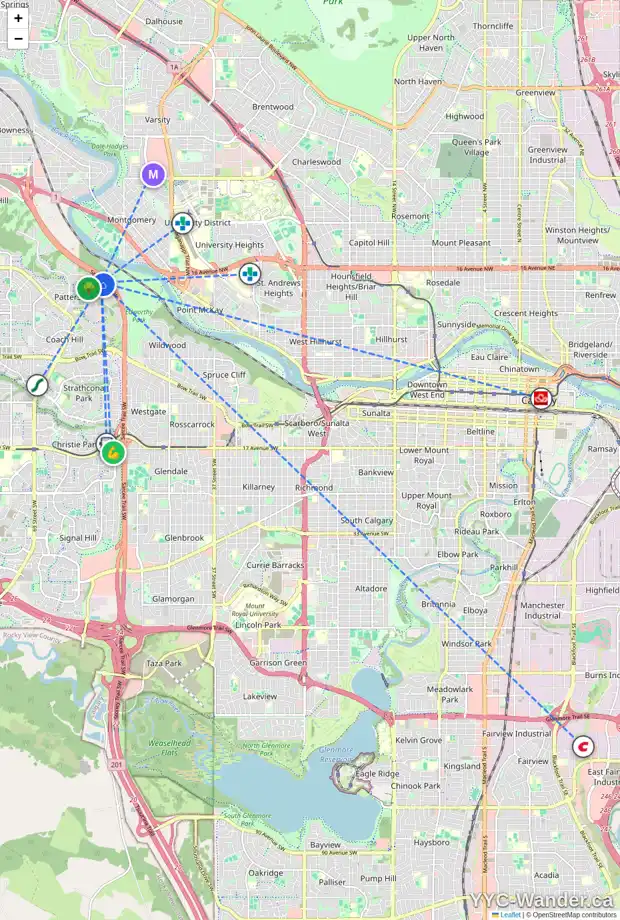 Daily accessibility map for 33 PROMINENCE PH SW, Calgary showing nearby schools, grocery stores, parks, LRT stations and nearby amenities