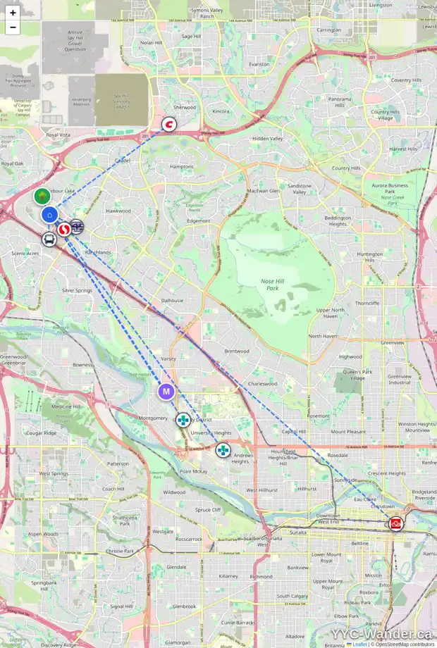 Daily accessibility map for 90 ARBOUR WOOD CR NW, Calgary showing nearby schools, grocery stores, parks, LRT stations and nearby amenities