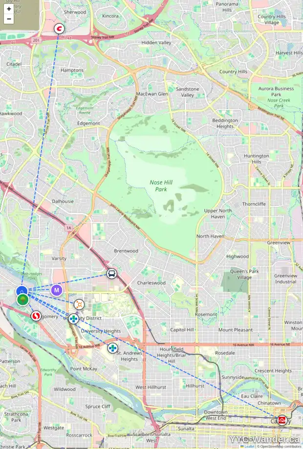 Daily accessibility map for 5918 BOWNESS RD NW, Calgary showing nearby schools, grocery stores, parks, LRT stations and nearby amenities