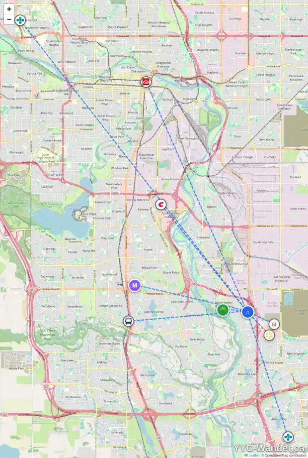 Daily accessibility map for 517 DOUGLAS WOODS ME SE, Calgary showing nearby schools, grocery stores, parks, LRT stations and nearby amenities