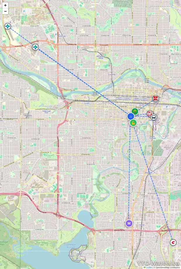 Daily accessibility map for 524 15 AV SW, Calgary showing nearby schools, grocery stores, parks, LRT stations and nearby amenities