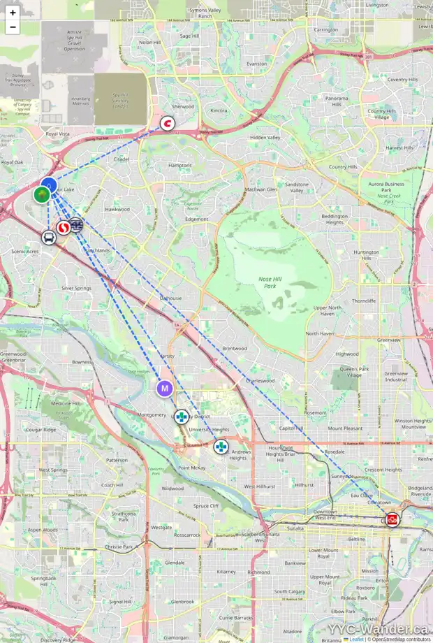 Daily accessibility map for 154 ARBOUR CREST RI NW, Calgary showing nearby schools, grocery stores, parks, LRT stations and nearby amenities