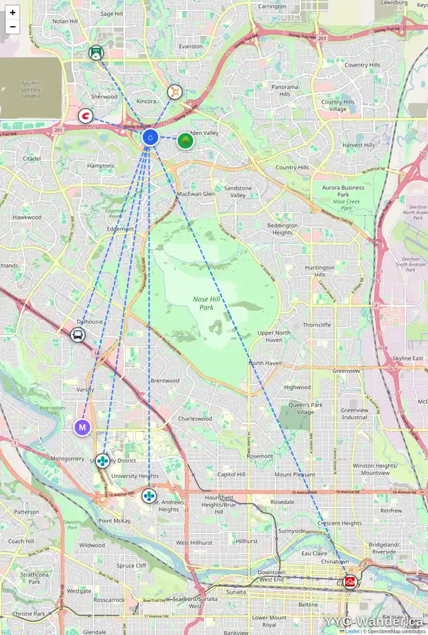 Daily accessibility map for 210 HIDDEN HILLS PL NW, Calgary showing nearby schools, grocery stores, parks, LRT stations and nearby amenities