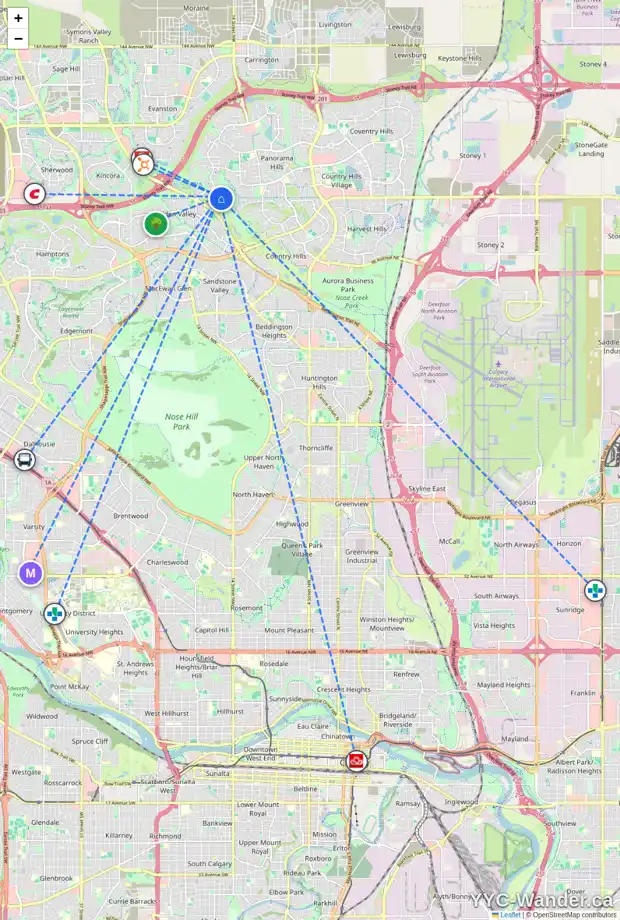 Daily accessibility map for 69 HIDDEN CREEK PA NW, Calgary showing nearby schools, grocery stores, parks, LRT stations and nearby amenities