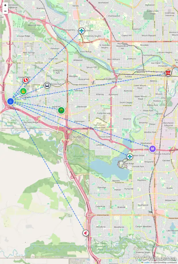 Daily accessibility map for 139 SLOPEVIEW DR SW, Calgary showing nearby schools, grocery stores, parks, LRT stations and nearby amenities