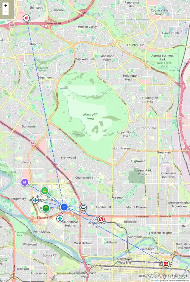 Daily accessibility map for 2936 UNWIN RD NW, Calgary showing nearby schools, grocery stores, parks, LRT stations and nearby amenities