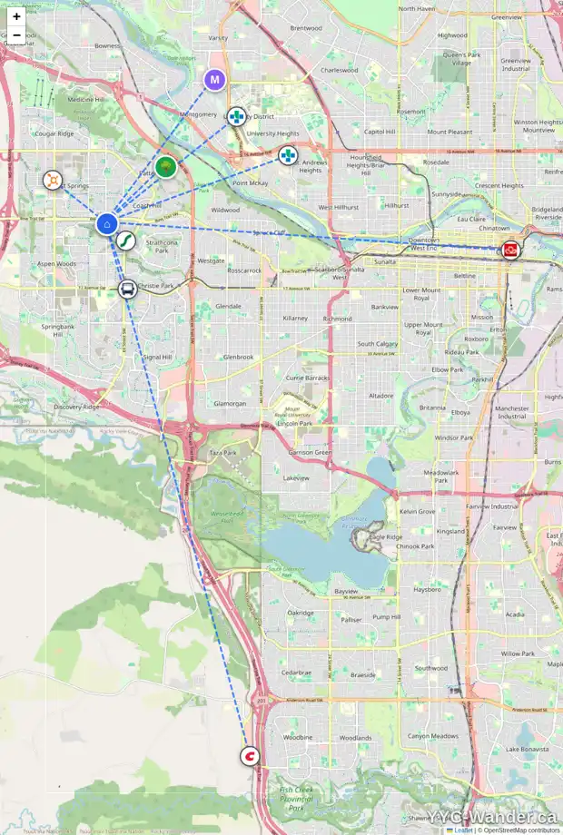Daily accessibility map for 29 STRATHRIDGE WY SW, Calgary showing nearby schools, grocery stores, parks, LRT stations and nearby amenities