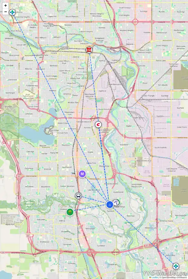 Daily accessibility map for 1015 PARKWOOD WY SE, Calgary showing nearby schools, grocery stores, parks, LRT stations and nearby amenities