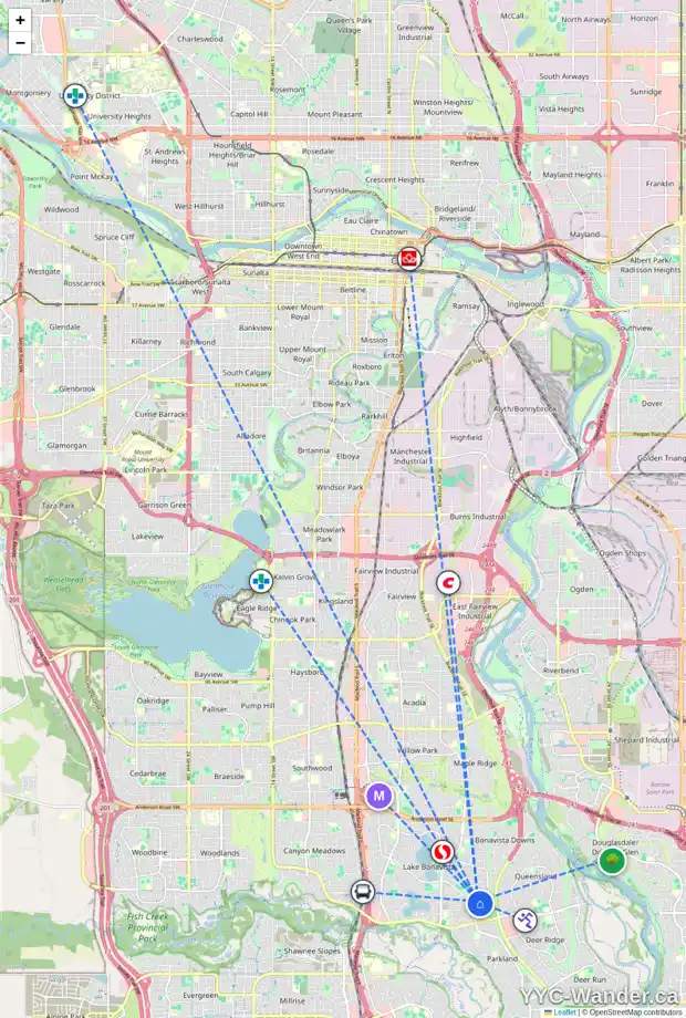 Daily accessibility map for 1532 LAKE TWINTREE WY SE, Calgary showing nearby schools, grocery stores, parks, LRT stations and nearby amenities