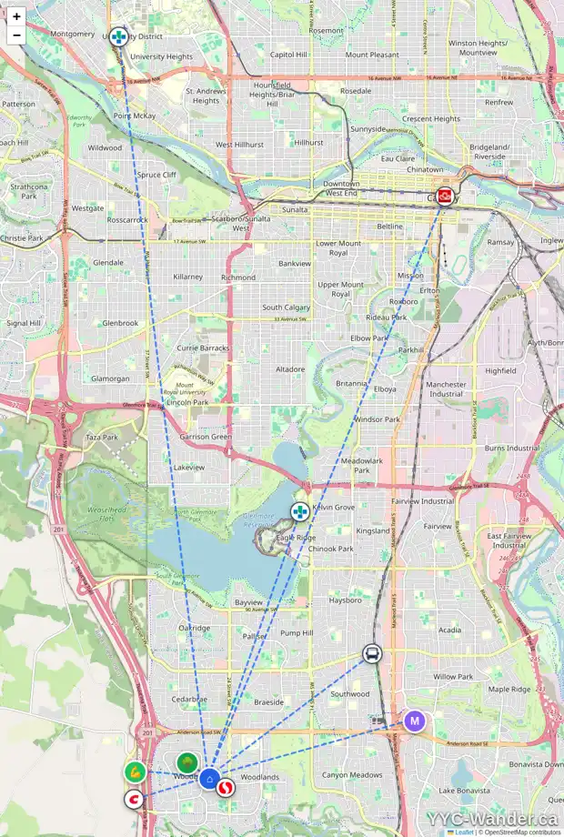 Daily accessibility map for 14 WOODGLEN CR SW, Calgary showing nearby schools, grocery stores, parks, LRT stations and nearby amenities