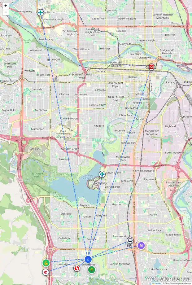 Daily accessibility map for 165 WOODPARK CO SW, Calgary showing nearby schools, grocery stores, parks, LRT stations and nearby amenities