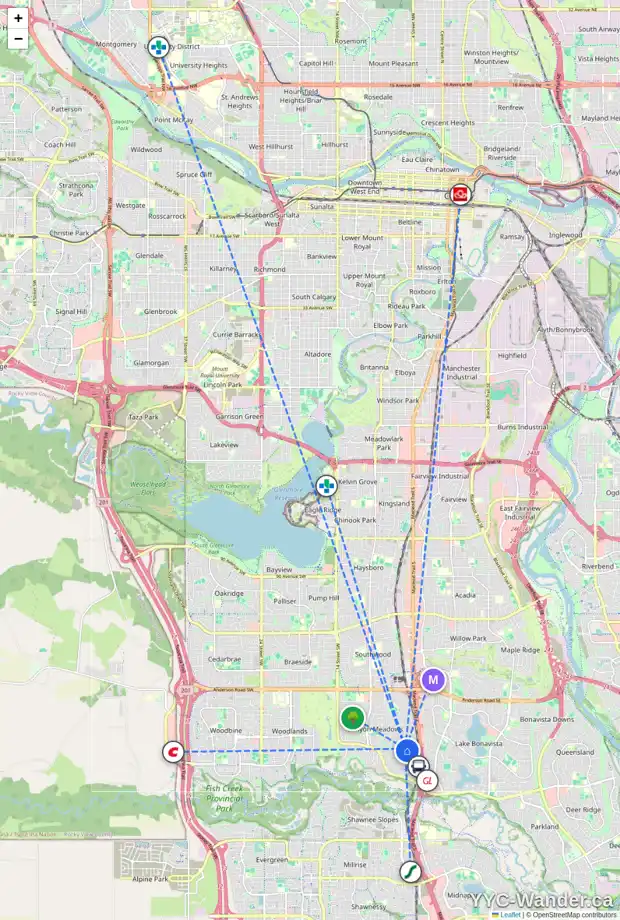 Daily accessibility map for 740 CANTREE RD SW, Calgary showing nearby schools, grocery stores, parks, LRT stations and nearby amenities
