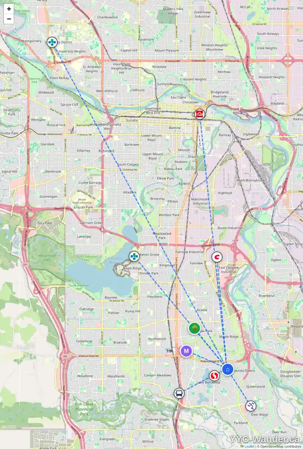 Daily accessibility map for 12039 10 ST SE, Calgary showing nearby schools, grocery stores, parks, LRT stations and nearby amenities