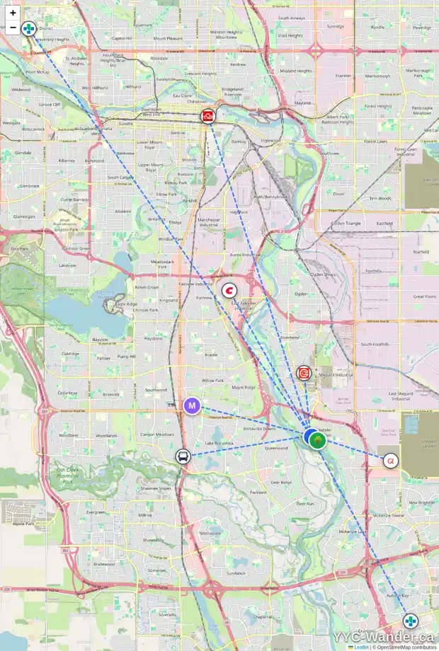 Daily accessibility map for 12 DOUGLASBANK GD SE, Calgary showing nearby schools, grocery stores, parks, LRT stations and nearby amenities