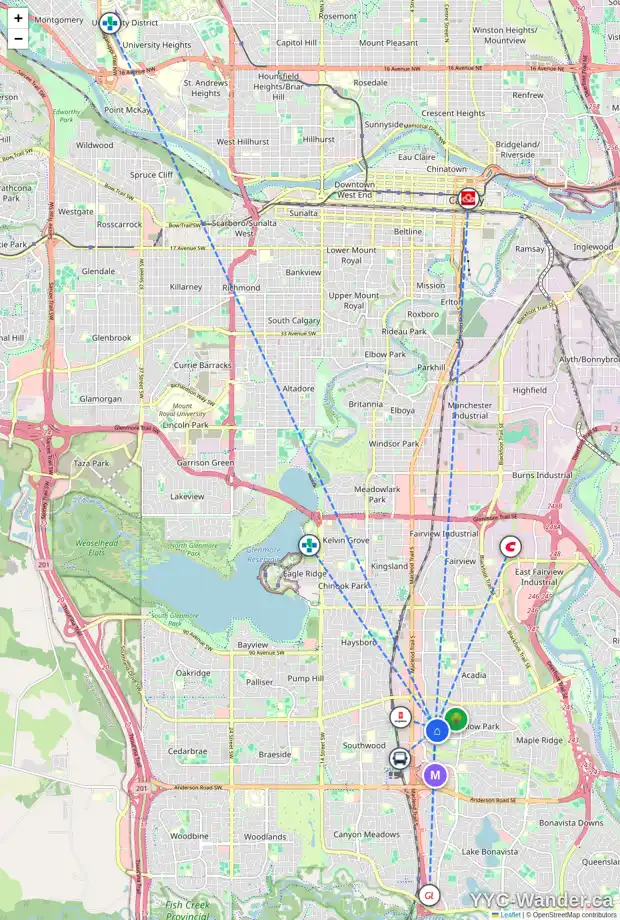 Daily accessibility map for 10228 WAPITI DR SE, Calgary showing nearby schools, grocery stores, parks, LRT stations and nearby amenities