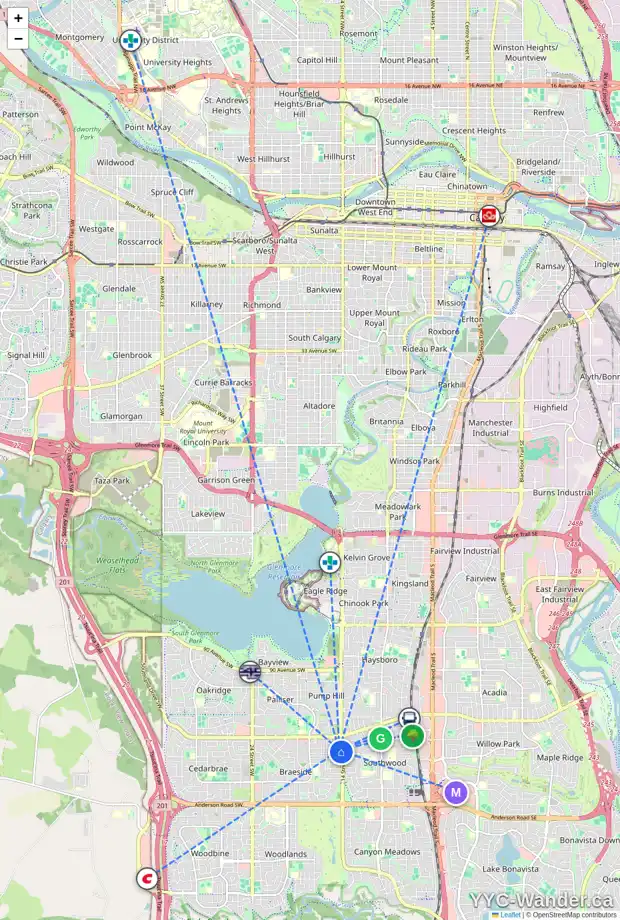 Daily accessibility map for 51 BRACEBRIDGE CR SW, Calgary showing nearby schools, grocery stores, parks, LRT stations and nearby amenities