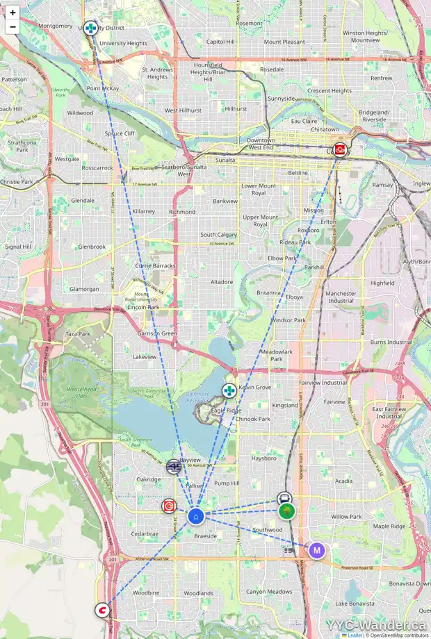 Daily accessibility map for 23 10001 BROOKPARK BV SW, Calgary showing nearby schools, grocery stores, parks, LRT stations and nearby amenities