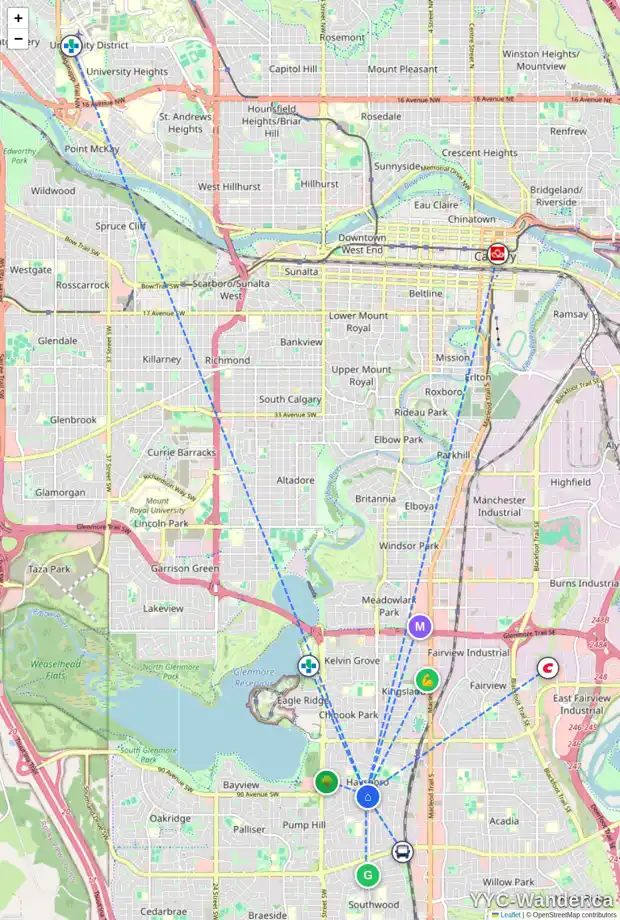 Daily accessibility map for 12 HILLARY CR SW, Calgary showing nearby schools, grocery stores, parks, LRT stations and nearby amenities