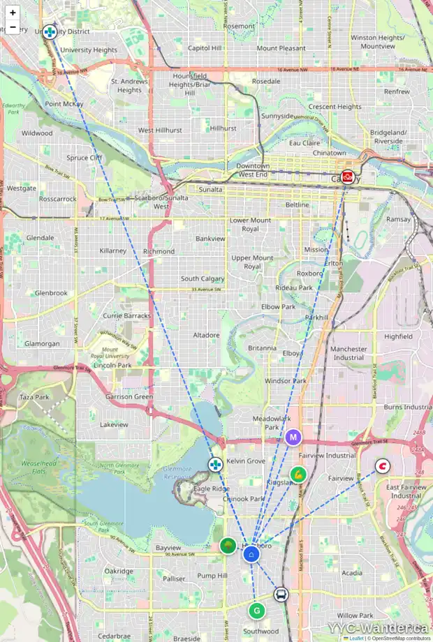 Daily accessibility map for 41 HOLLYBURN RD SW, Calgary showing nearby schools, grocery stores, parks, LRT stations and nearby amenities