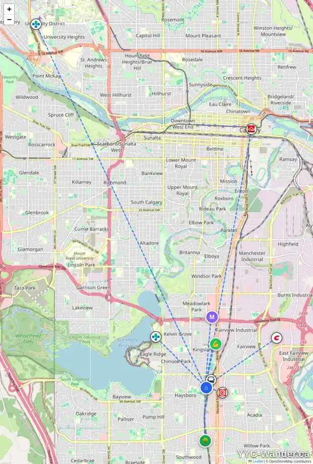 Daily accessibility map for 22 HARMON PL SW, Calgary showing nearby schools, grocery stores, parks, LRT stations and nearby amenities