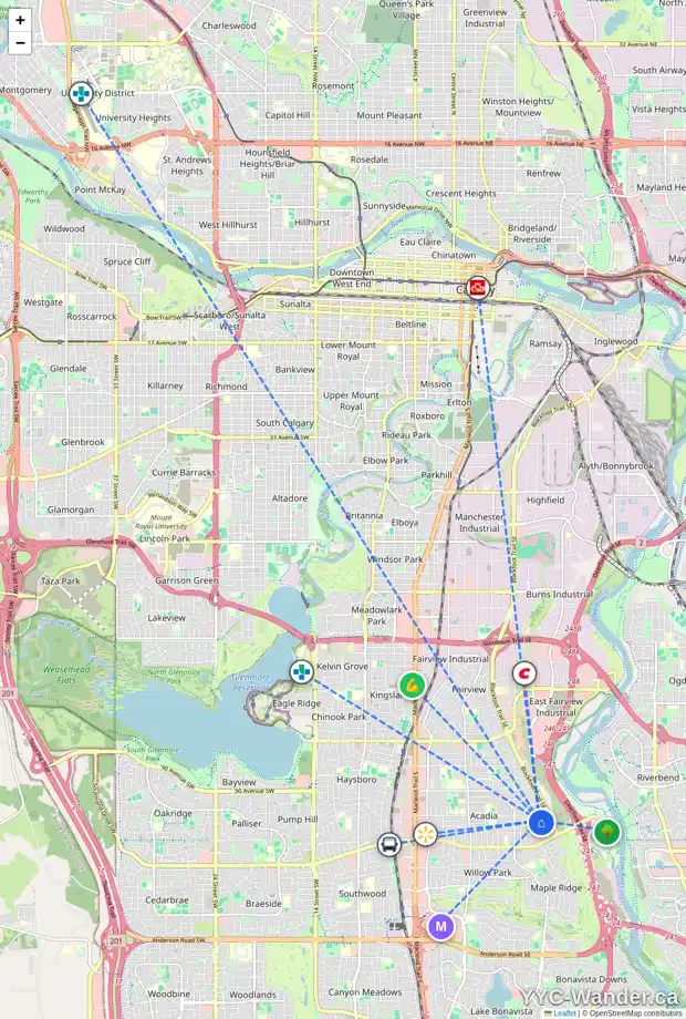 Daily accessibility map for 9519 ACADEMY DR SE, Calgary showing nearby schools, grocery stores, parks, LRT stations and nearby amenities