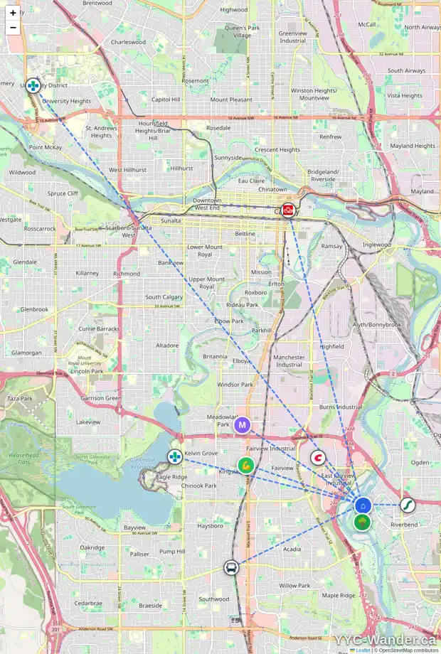 Daily accessibility map for 101 RIVERSIDE CI SE, Calgary showing nearby schools, grocery stores, parks, LRT stations and nearby amenities