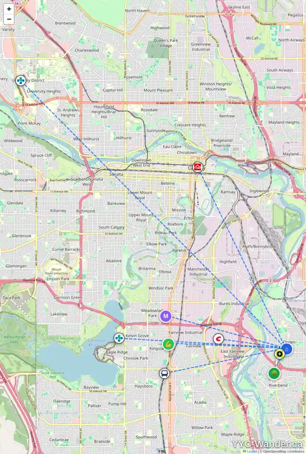 Daily accessibility map for 7412 20 ST SE, Calgary showing nearby schools, grocery stores, parks, LRT stations and nearby amenities