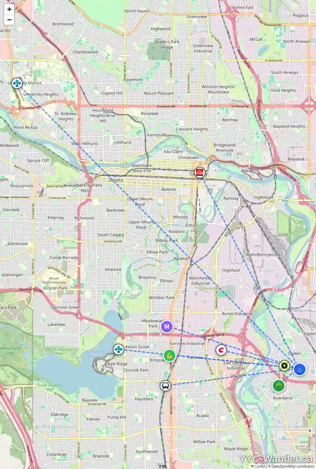 Daily accessibility map for 7640 21A ST SE, Calgary showing nearby schools, grocery stores, parks, LRT stations and nearby amenities