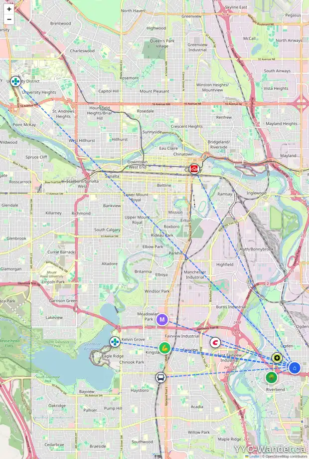 Daily accessibility map for 103 OLYMPIA DR SE, Calgary showing nearby schools, grocery stores, parks, LRT stations and nearby amenities