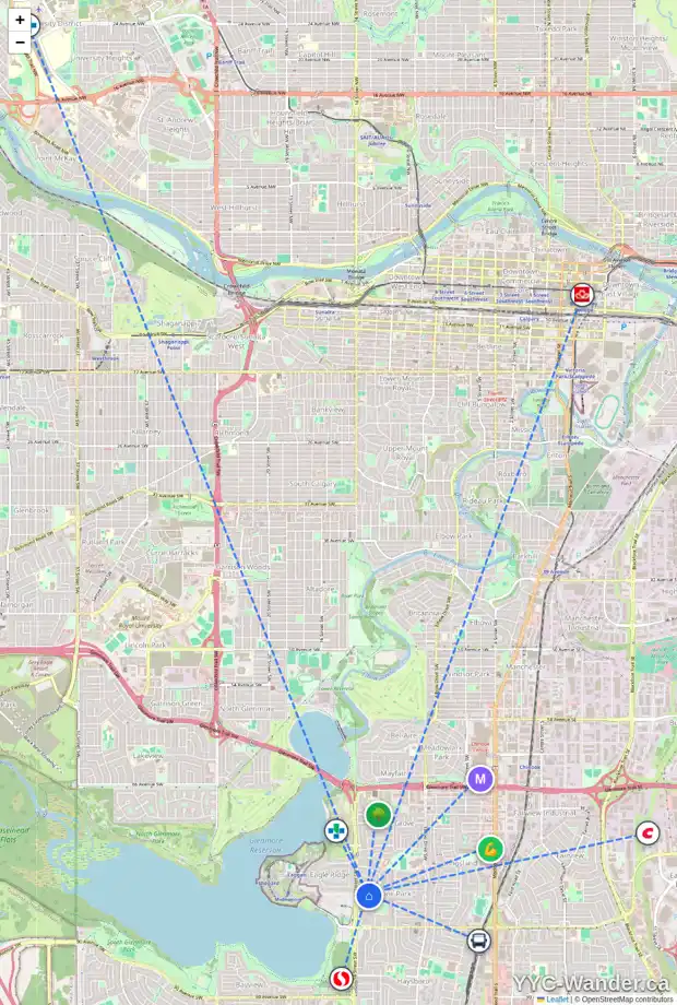 Daily accessibility map for 1412 CARLYLE RD SW, Calgary showing nearby schools, grocery stores, parks, LRT stations and nearby amenities