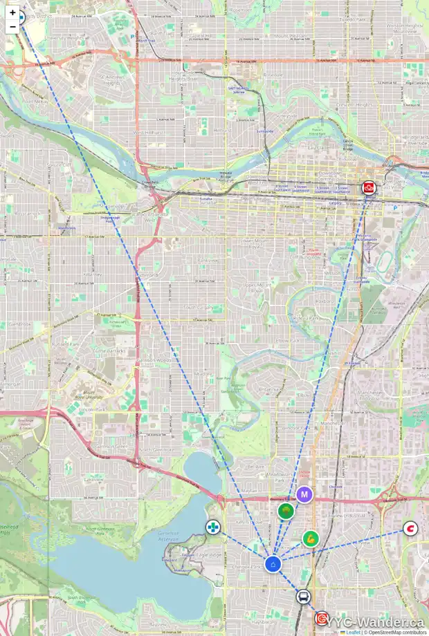 Daily accessibility map for 7816 ELBOW DR SW, Calgary showing nearby schools, grocery stores, parks, LRT stations and nearby amenities