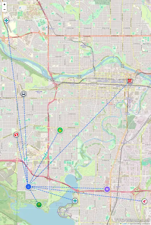 Daily accessibility map for 3408 LAKESIDE CR SW, Calgary showing nearby schools, grocery stores, parks, LRT stations and nearby amenities