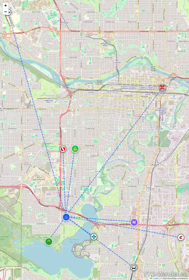 Daily accessibility map for 6416 LARKSPUR WY SW, Calgary showing nearby schools, grocery stores, parks, LRT stations and nearby amenities
